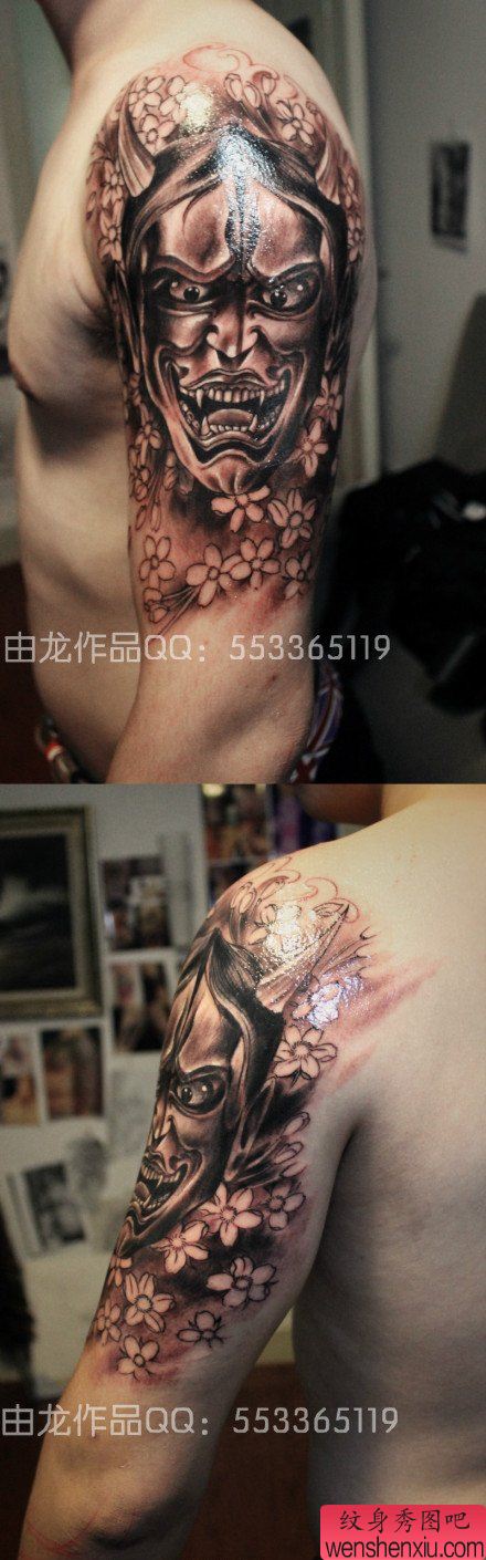 手臂流行很帅的黑白般若纹身图案