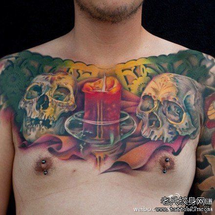 男生前胸很帅经典的欧美彩色骷髅纹身图案