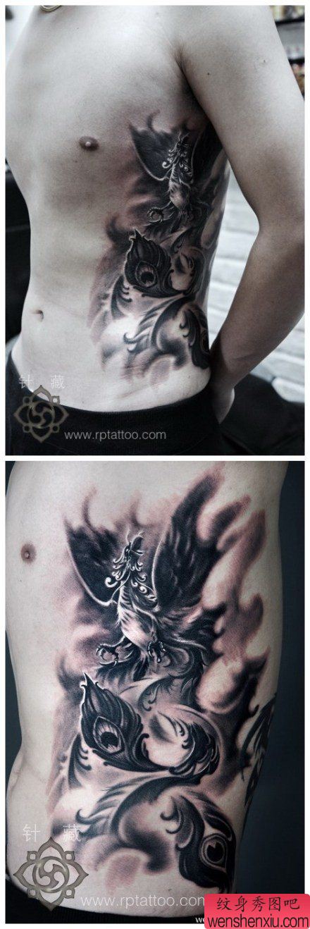 男生腰部流行流行的黑白凤凰纹身图案