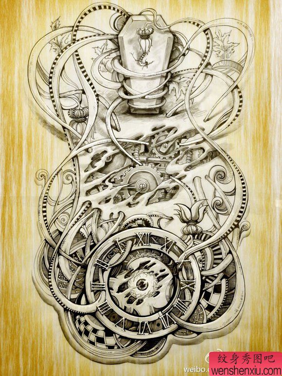 超酷很帅的满背机械纹身手稿
