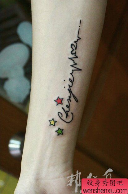 手臂经典流行的花体字母纹身图案