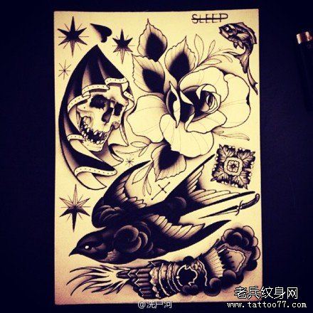 一组流行经典的骷髅燕子玫瑰纹身手稿