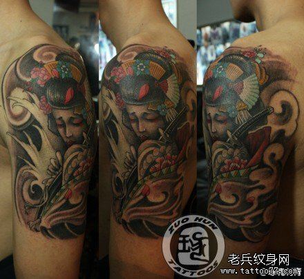 手臂漂亮流行的艺妓纹身图案