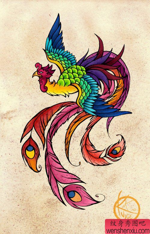 流行漂亮的一幅彩色凤凰纹身手稿