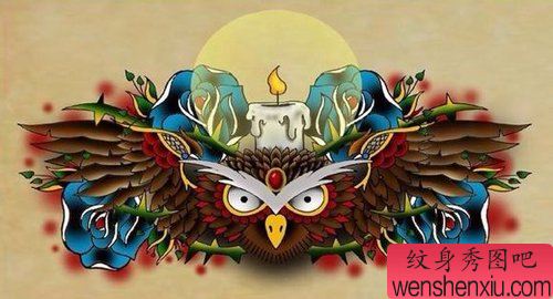 流行流行的一幅猫头鹰与玫瑰花纹身手稿