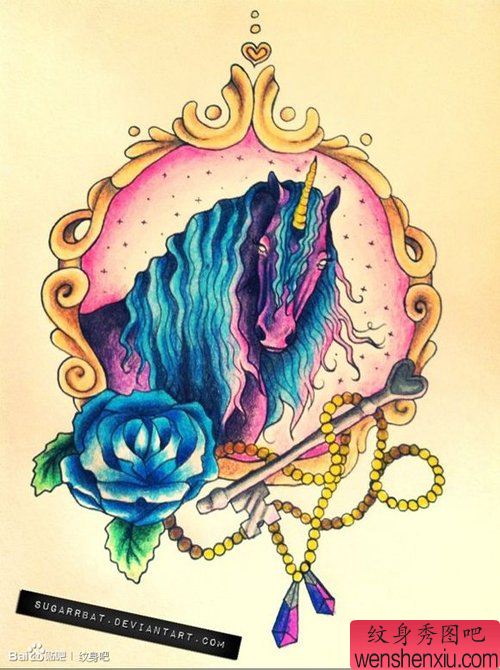 一幅流行流行的彩色独角兽纹身手稿