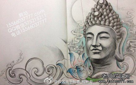 流行经典的一幅黑白佛头纹身手稿