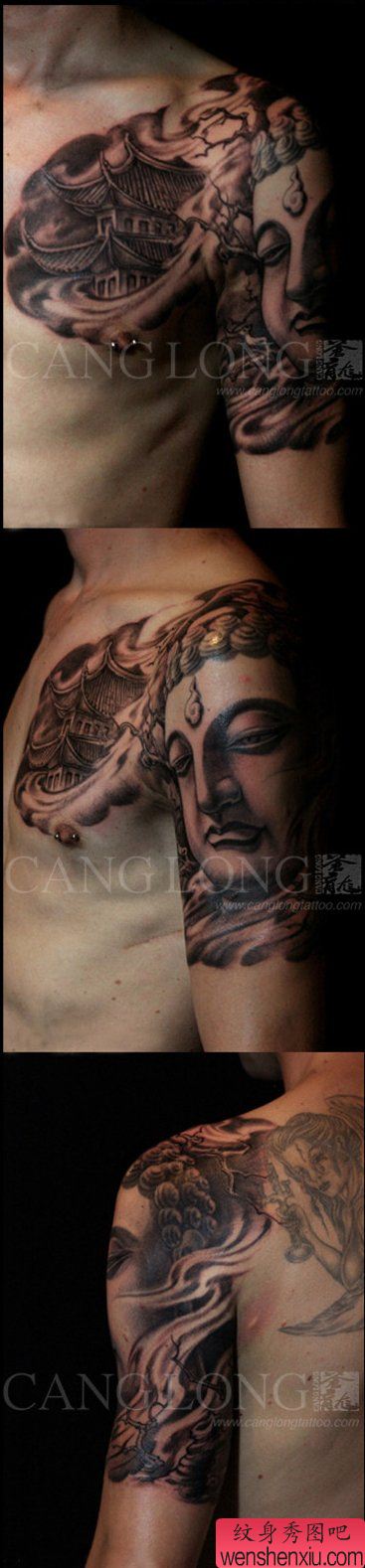 流行很酷的半胛佛头阁楼纹身图案作品