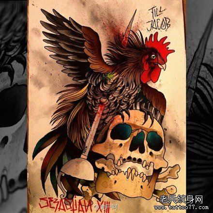 一幅流行很酷的公鸡纹身图案