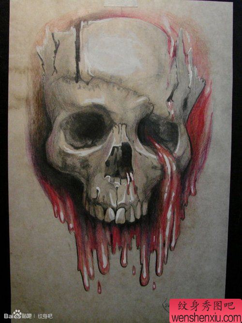 经典很帅的一幅彩色骷髅纹身手稿