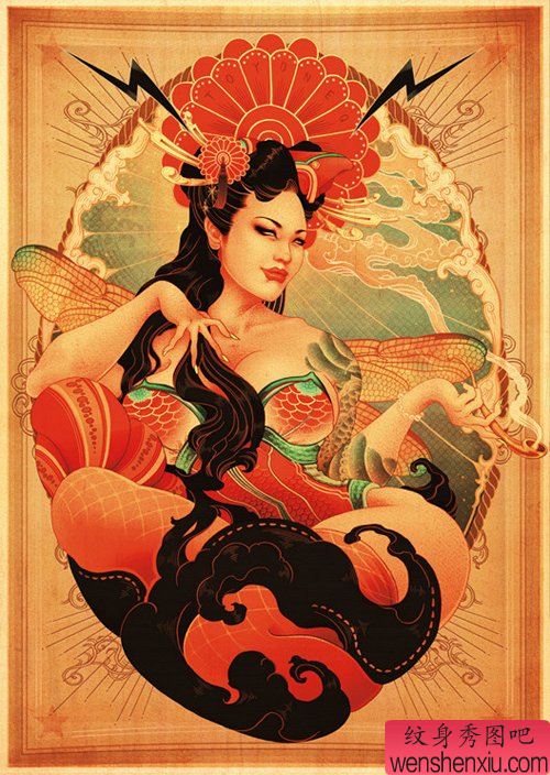 一幅性感漂亮的美女纹身手稿