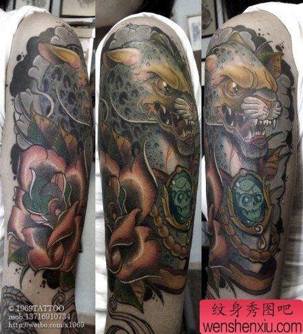 手臂流行很酷的一幅豹头纹身图案