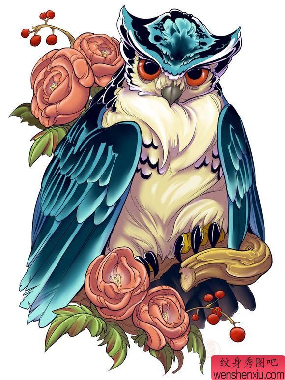超帅很酷的一幅猫头鹰纹身手稿