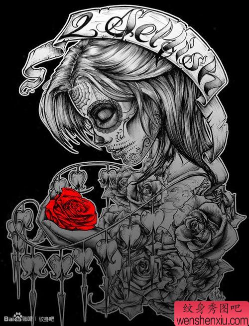 流行漂亮的亡灵装美女纹身图案