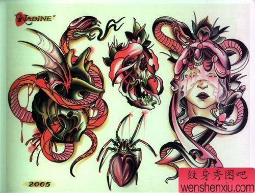流行经典的一组蛇蜘蛛纹身手稿