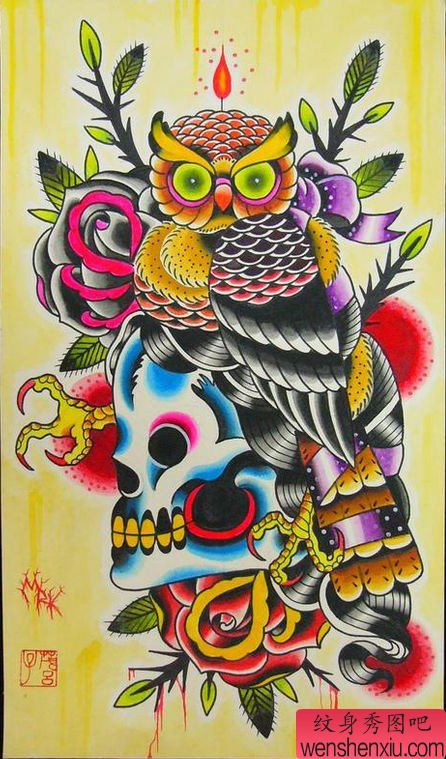 流行的一幅猫头鹰与骷髅纹身手稿