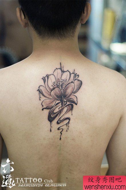 男生后背流行唯美的黑白莲花纹身图案