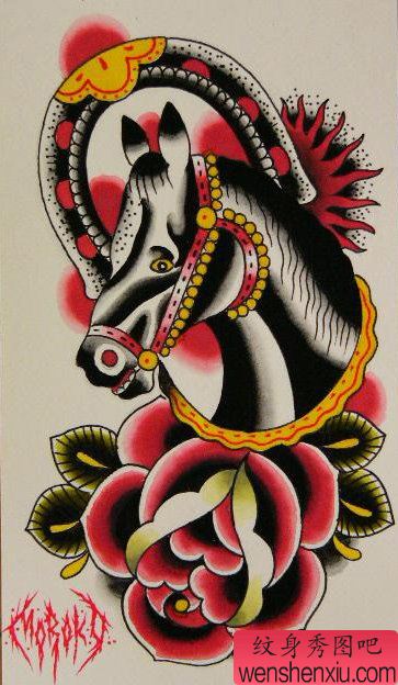 流行的一幅school风格的马纹身手稿