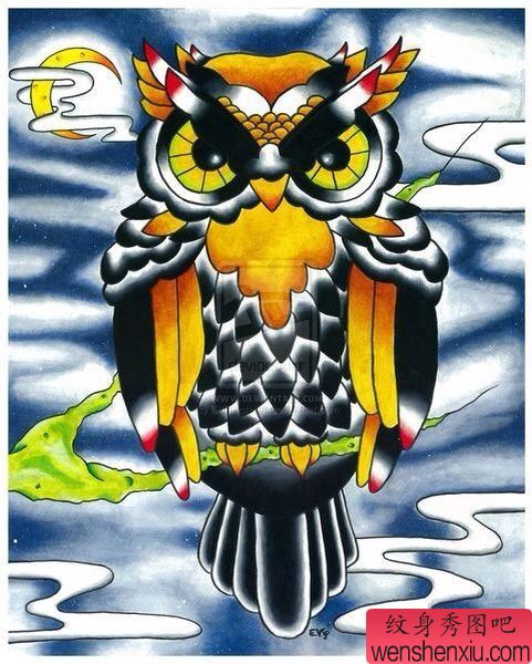 流行简洁的一幅猫头鹰纹身手稿