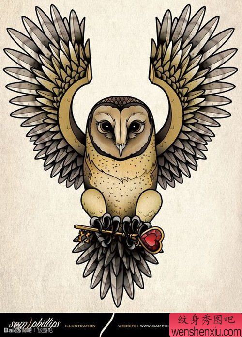 经典流行的一幅猫头鹰纹身手稿
