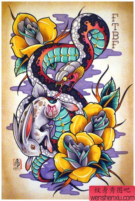 一幅经典的蛇兔子纹身手稿