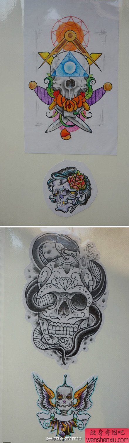 一组经典流行的骷髅纹身手稿
