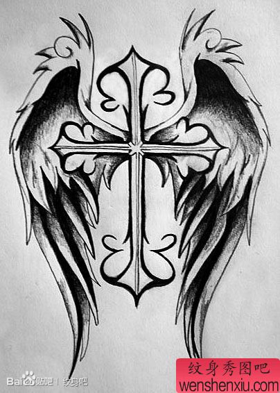 唯美小巧的一幅十字架翅膀纹身手稿