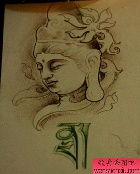 流行经典的一幅黑白观音纹身手稿