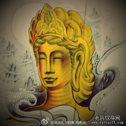 经典流行的一幅观音铜像纹身图案