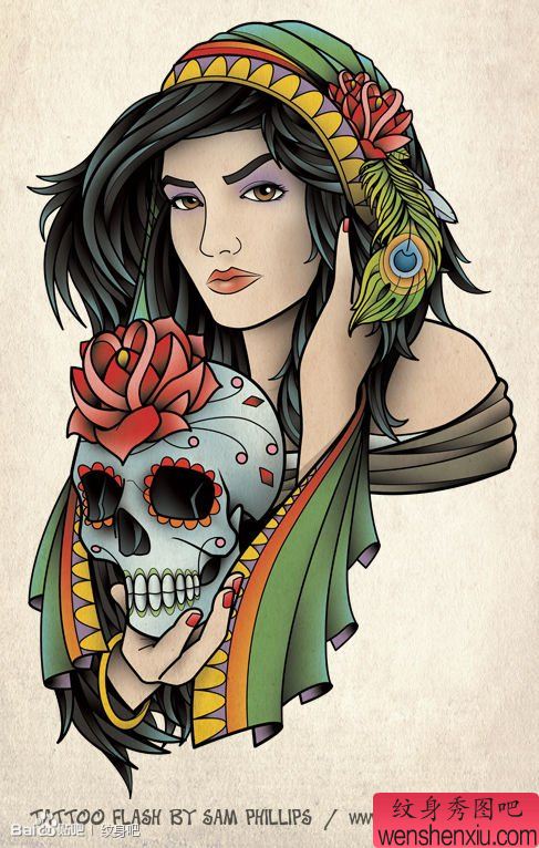 漂亮流行的一幅欧美美女纹身手稿