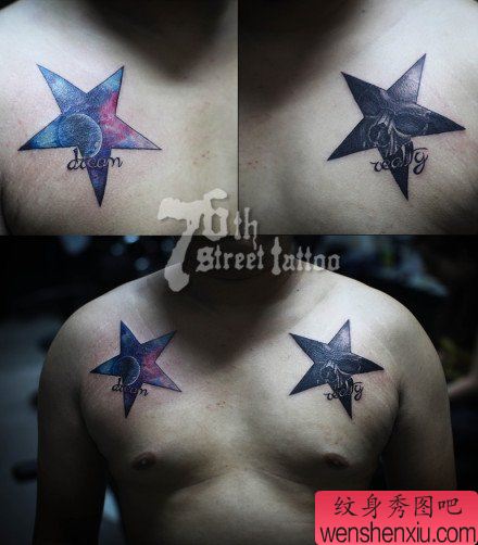 男生胸前流行很酷的五角星骷髅与星空纹身图案