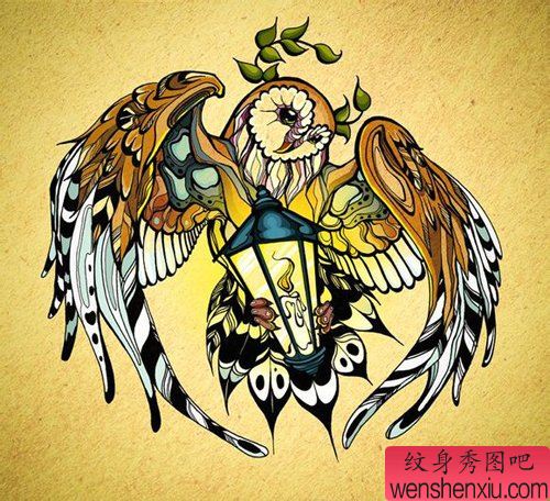 流行很酷经典的一幅猫头鹰纹身手稿