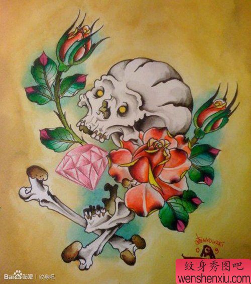 流行很酷的一幅骷髅钻石纹身手稿