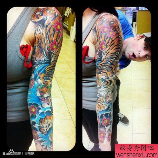 女生手臂一幅流行很酷的花臂老虎纹身图案