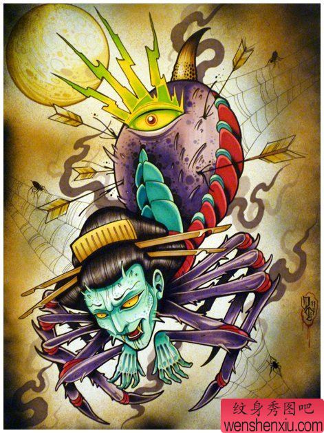 一幅经典很酷的蜘蛛精纹身手稿