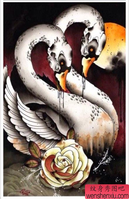 一幅流行很酷的天鹅纹身手稿
