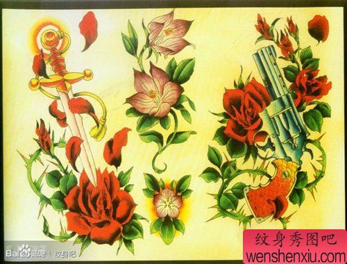 流行流行的一组匕首手枪玫瑰纹身手稿