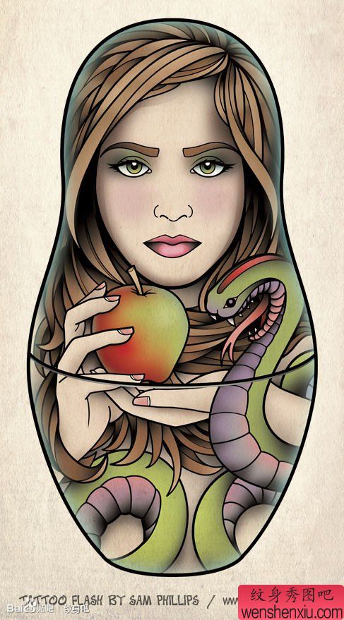一幅漂亮的美女套娃纹身手稿