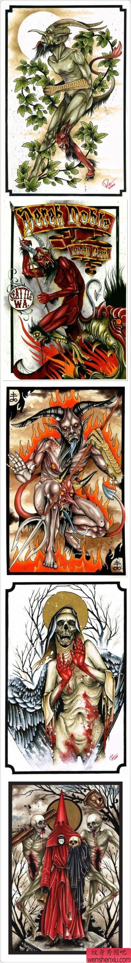 流行很酷的一组恶魔撒旦纹身手稿