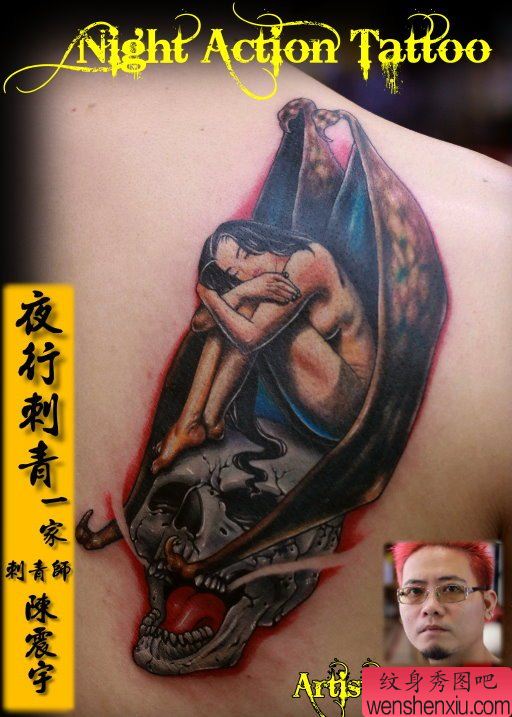 后背漂亮经典的美女天使纹身图案