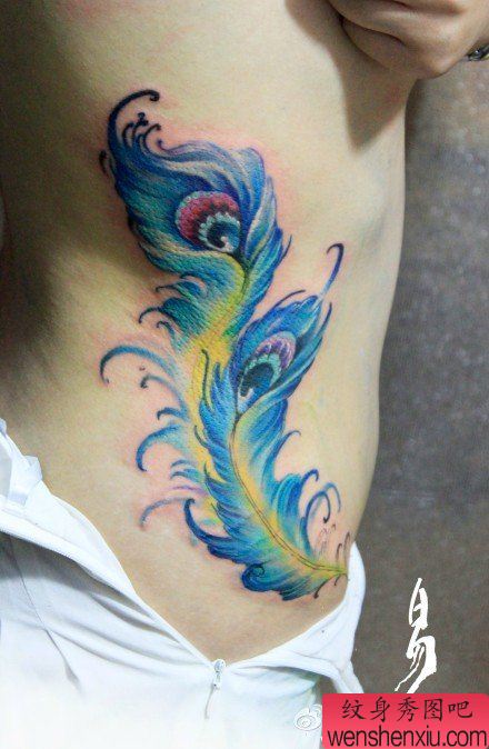 美女腰部精美流行的羽毛纹身图案