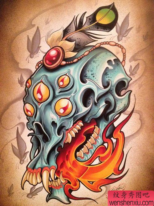 流行很酷的骷髅纹身手稿