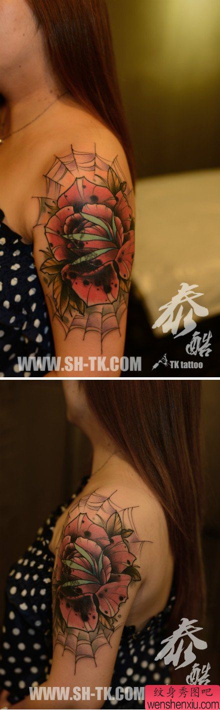 女生手臂精美流行的玫瑰花纹身图案