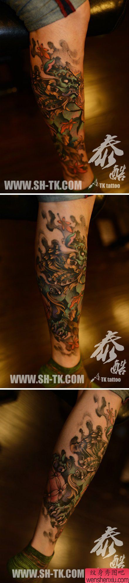 腿部流行很酷的唐狮子纹身图案