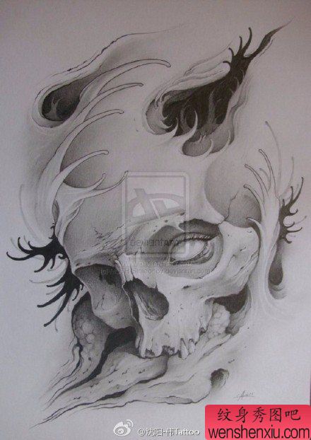 流行很酷的一幅欧美写实骷髅纹身图案