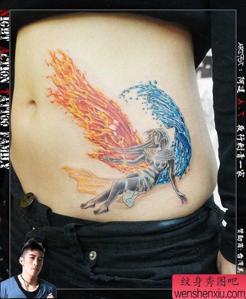 美女腹部精美流行的彩色天使纹身图案