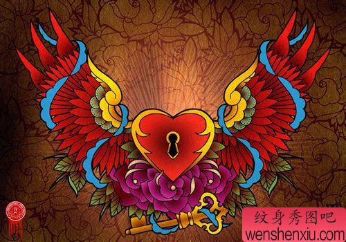 唯美流行的爱心锁钥匙纹身手稿