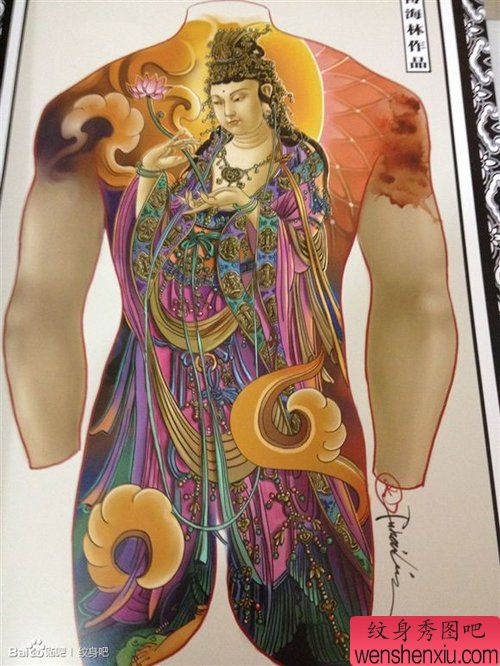经典很帅的一幅满背观音纹身手稿