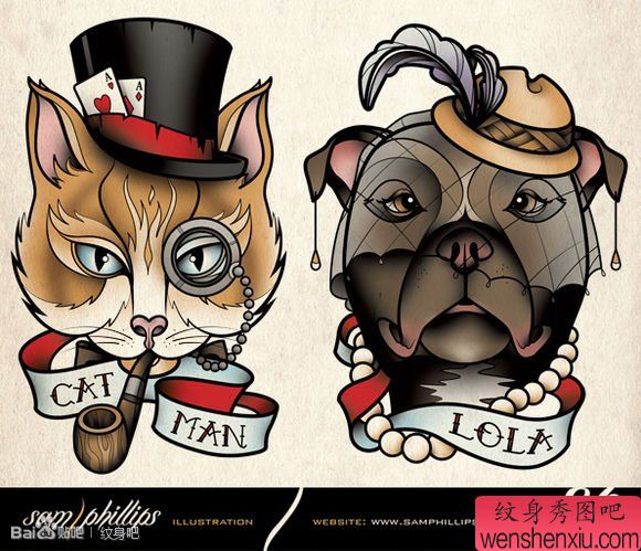 经典流行的一组猫咪与小狗纹身手稿