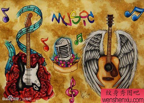 一组流行流行的吉他纹身手稿